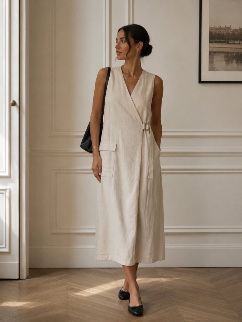 HUMILITY Linen Blend Wrap Midi Dress Sleeveless Minimalist Quiet Luxury Chic S